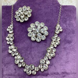 Vintage White Hot Rhinestone Necklace with Clip Earrings